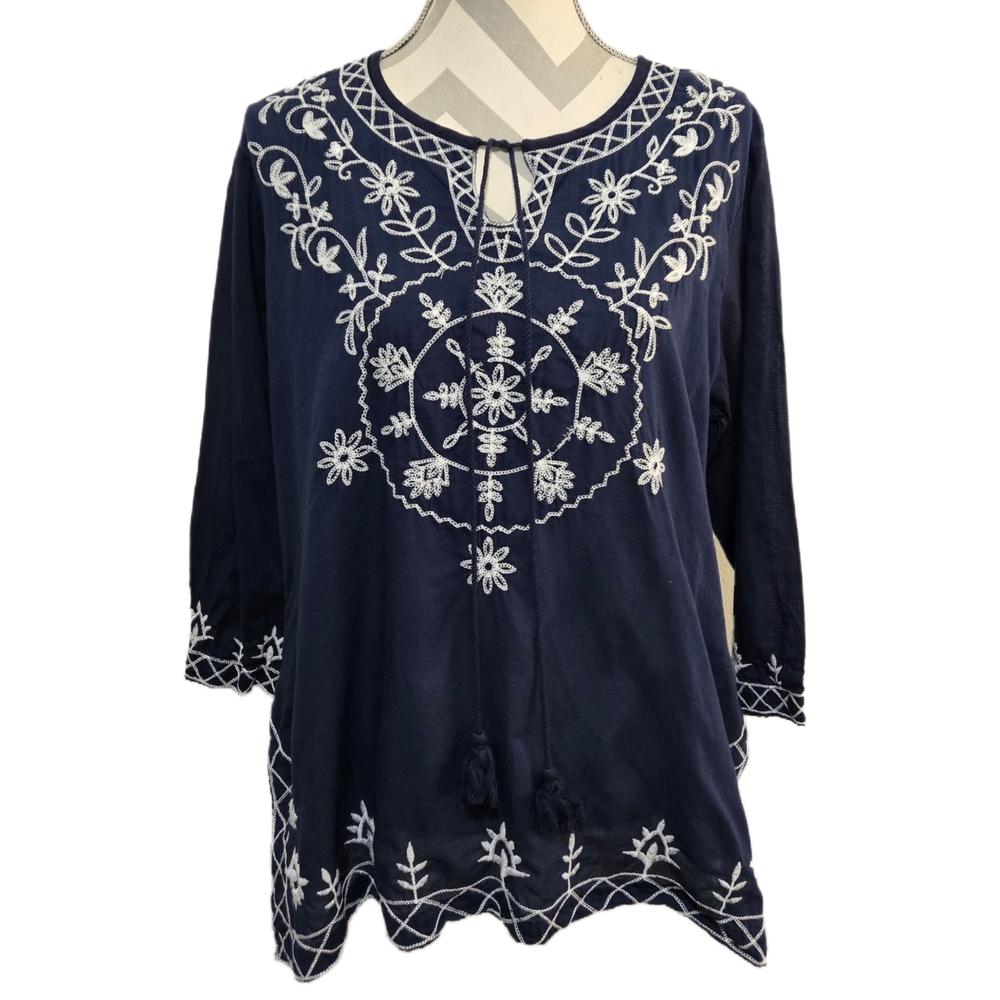 Navy Blue Embroidered 3/4 Sleeve Cotton Bohemian Style Top Size Large